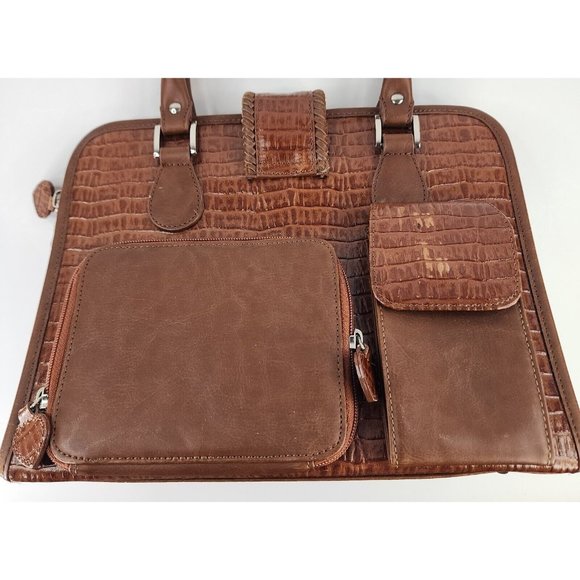 Womens Purse Brown Faux Croc Heart Charm Mom Core Braided Trim Clutch Bag - Picture 6 of 16